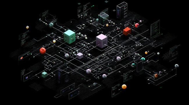 A three-dimensional technological visualization of AI-driven workflow automation, nodes, and database triggers.