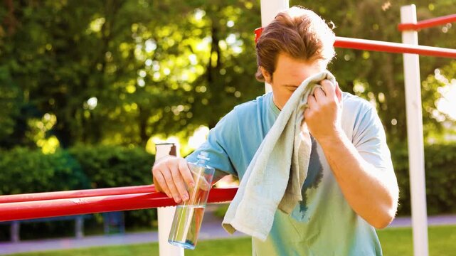 Tired man resting after a fitness workout at an outdoor gym. The sweaty athlete wipes his face with a towel and is drinking water for hydration in the summer sun. High quality 4k footage