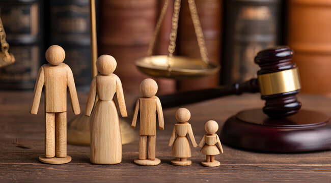 Wooden family figurines are placed on a lawyer's desk alongside a gavel, law texts, and a balance scale, serving as symbols for family law, rights, and courtroom procedures