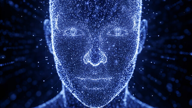 Futuristic blue digital human face made of tiny glowing particles and lines on a dark background with bokeh effect