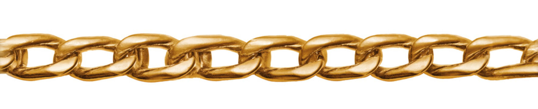 A detailed close up horizontal rendering of a thick glossy gold curb link chain segment glistening brightly&nbsp;&nbsp;
