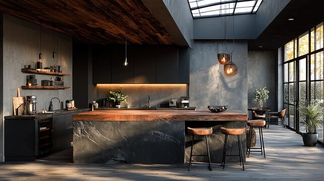 Black and dark wood kitchen built-in furniture, modern home interior, stylish material palette, daylight illumination, minimalist functional design, AI-generated home decor scene