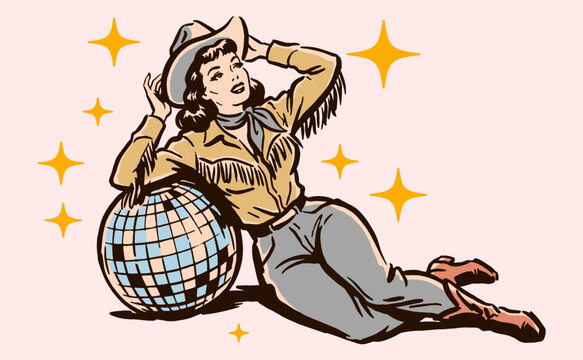Vintage cowgirl with disco ball and stars illustration. Retro western aesthetic for t-shirt print, poster, and sticker design.