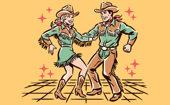 Vintage Western Cowboy and Cowgirl Dancing Retro Illustration. Country Dance Club Print Design for T-Shirt, Poster, and Sticker Artwork.