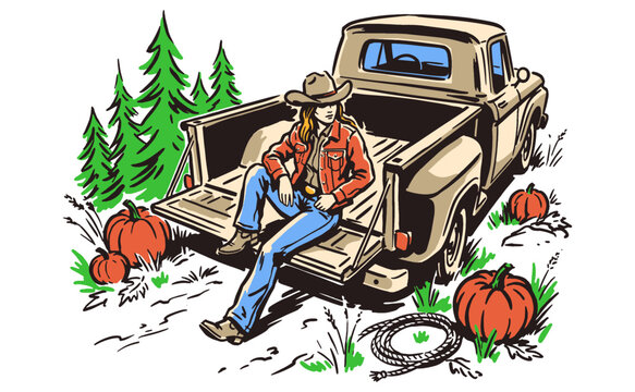 Cowgirl sitting on vintage pickup truck with pumpkins harvest season illustration. Retro country farm life graphic for t-shirt print and poster.