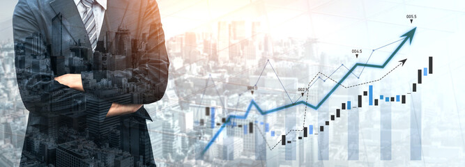 A businessman in a suit stands confidently while overlooking a cityscape, accompanied by growth graphs and financial indicators, representing success. Scalp © InfiniteFlow