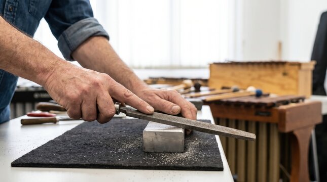 Instrument maker using a metal file to tune a thick aluminum marimba key