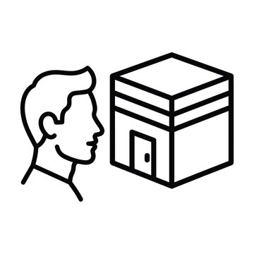 Minimalist icon of a person facing a kaaba building symbol with pilgrimage religion monotheism orientation spiritual