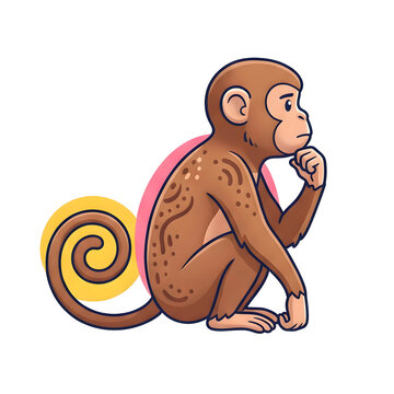 Cartoon monkey sitting and thinking