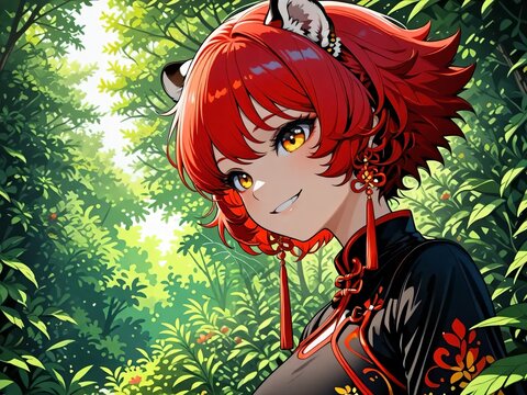 女性　赤髪　ショートヘアー　虎耳　虎の擬人化　微笑み　チャイナ服　日差し　自然