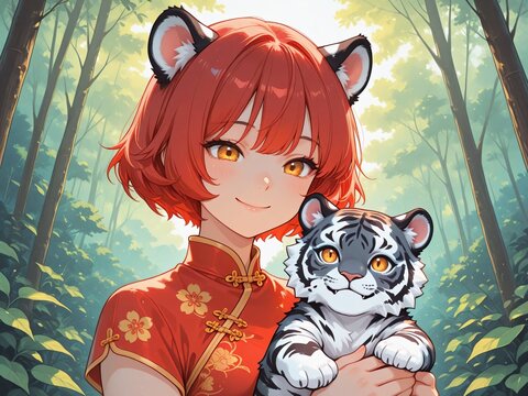 女性　赤髪　ショートヘアー　虎耳　虎の擬人化　微笑み　チャイナ服　日差し　自然