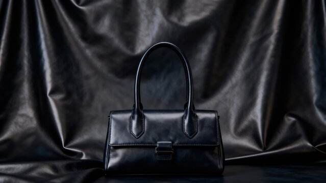 Black leather handbag with structured design and dual handles displayed against a textured black leather backdrop.