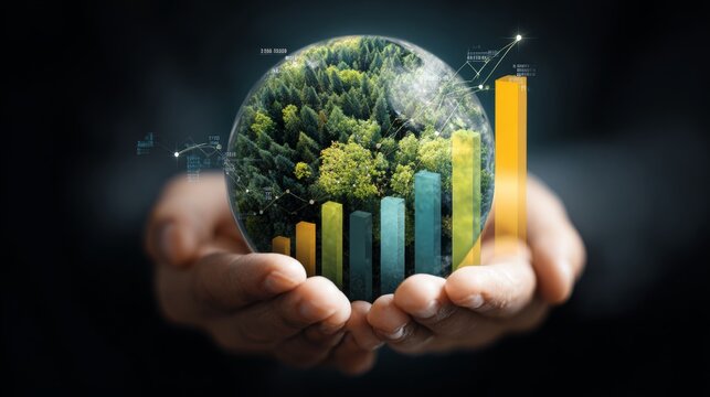A world in our hands: symbolizing global conservation efforts. Market trends. Earth embraced by nature: an enriched vision with foliage and butterflies. Corporate finance. Financial charts.