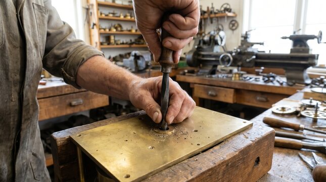 Clockmaker using a hand reamer tool to enlarge a hole in a thick brass mechanism plate