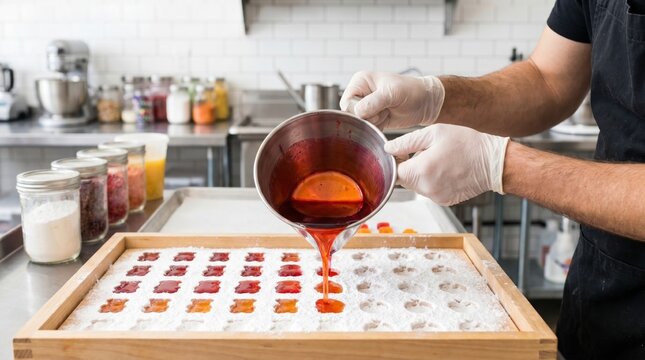 Confectioner pouring hot red gummy syrup from a metal pitcher into a cornstarch mold tray
