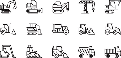 Set of construction vehicle icons including excavators bulldozers cranes and dump trucks in a simple black and white line art style isolated on transparent background, Vector © Mohammod Foysal SSF.