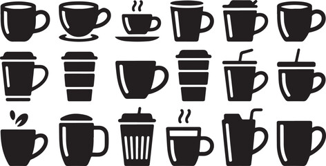 Obraz premium Set of black coffee cup and drink mug icons for cafe menu or restaurant design isolated on transparent background, Vector