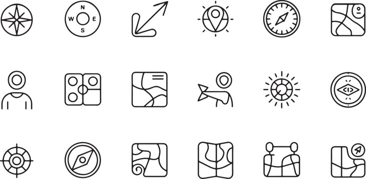 Set of travel and navigation map icons featuring compasses pointers and location symbols in a clean black line art style isolated on transparent background, Vector
