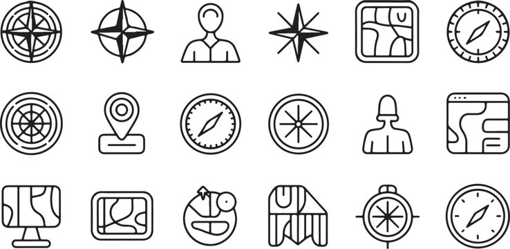 Set of navigation and map thin line icons featuring compasses and location markers isolated on transparent background, Vector
