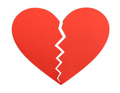 Bright red paper heart shape split exactly in half by a sharp zigzag crack symbolizing heartbreak and relationship separation&nbsp;&nbsp;