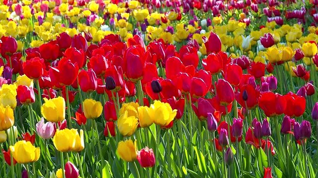 Tulip field in full bloom with various shades of yellow, red and purple flowers, capturing the beauty of springtime. Spring slow motion footage for your projects.