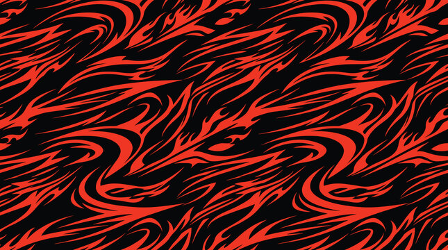 Seamless repeating pattern of stylized red flame shapes on a black background, tribal motif for sportswear and automotive decals
