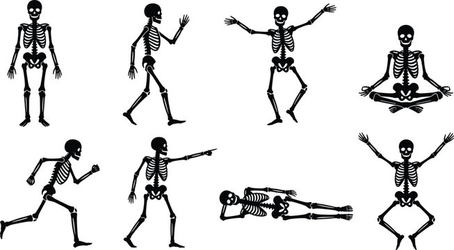 Set of eight human skeleton silhouettes in various poses including walking, running, sitting, and dancing on a white background