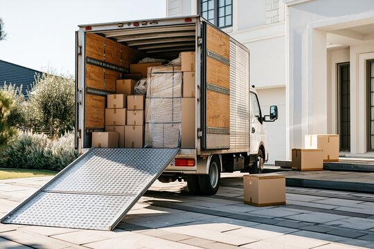 Delivery truck unloading moving boxes at modern house entrance