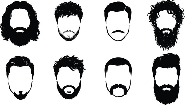 Collection of men hairstyles and beard styles silhouettes featuring various cuts and facial hair types on a white background