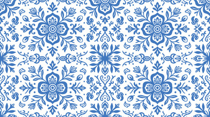 Fototapeta premium Seamless floral damask pattern with ornate blue botanical motifs and symmetrical flourishes on a white background