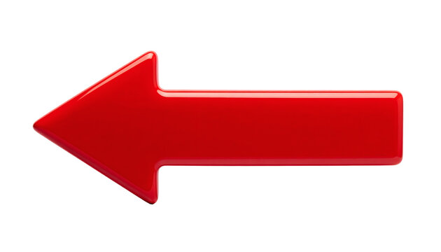 A glossy bright red three-dimensional arrow icon pointing to the left, offering clear directional guidance for user interfaces, web navigation, marketing graphics, and various design applications&nbsp;