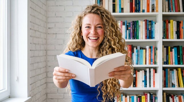 Happy Curly Woman Holding Open Book Laughing at Home Library