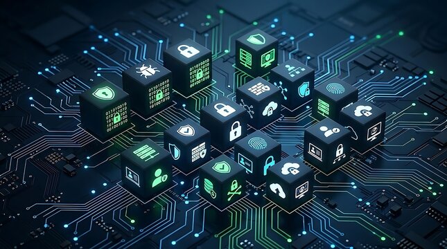 Digital security icons on illuminated cubes representing data protection and cybersecurity concepts on a circuit board.