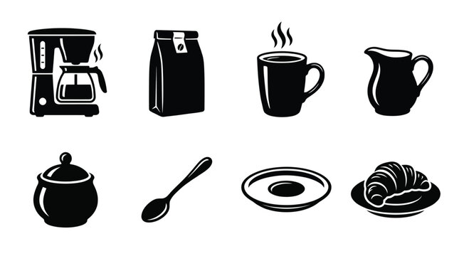 Set of black coffee icons featuring a machine mug croissant spoon and other breakfast food items