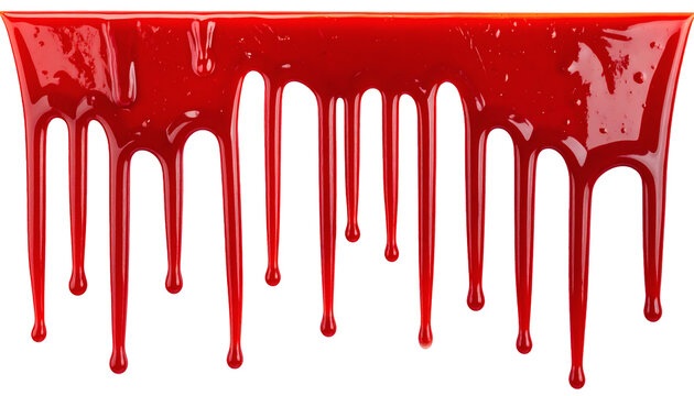 Bright red liquid paint or blood drips horizontally across the top, creating a vibrant, glossy, flowing texture with distinct, elongated streaks and rounded droplets descending downwards&nbsp;