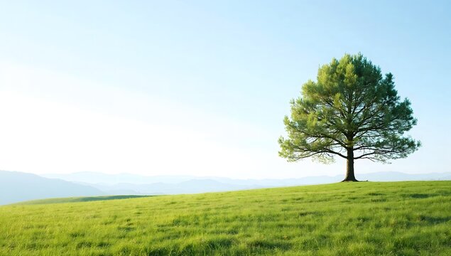 Majestic lone pine tree placed on the right in bright light