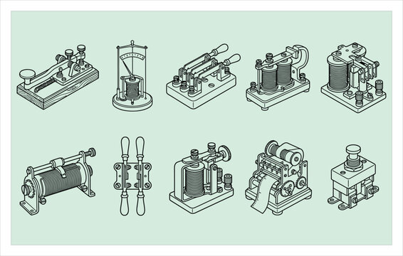 Historical Telegraph and Morse Code Technology Icons - Antique Communication Machine Vector for Museum Heritage and Classic Office Branding Design