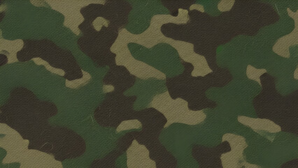 Fototapeta premium Green and brown camouflage pattern on textured fabric background with abstract shapes and military inspired design elements