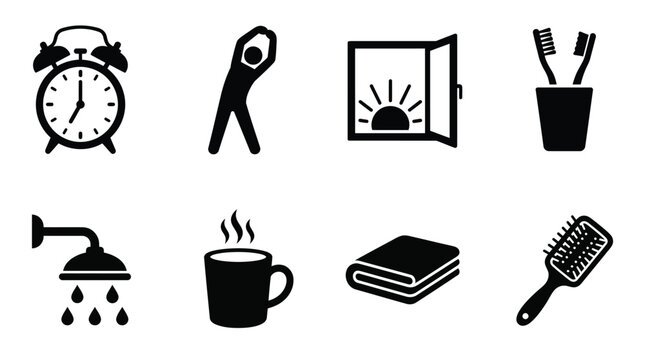 Set of black morning routine icons featuring personal hygiene activities and daily healthy habit symbols