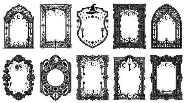 Ten decorative gothic frames featuring intricate black patterns with celestial moons and vintage skeleton keys