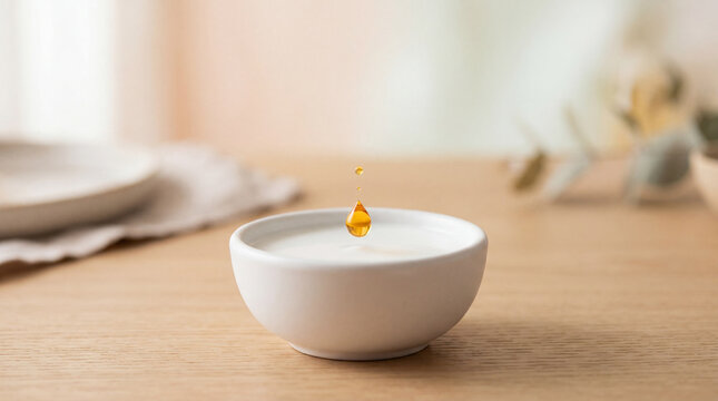 Golden nutrient oil concept with soft studio lighting