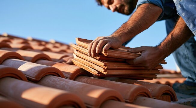 Roofers installing ceramic tiles on a house rooftop in sunny weather