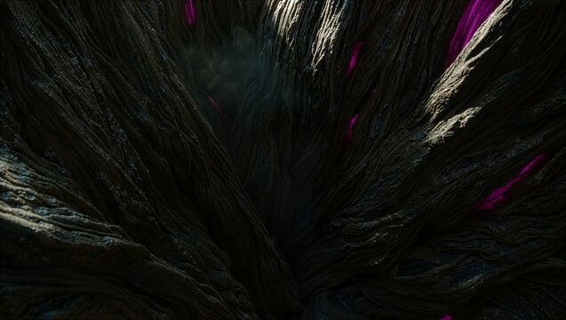 Mysterious alien chasm with glowing magenta veins in dark textured organic walls plunging into foggy depths under dramatic light