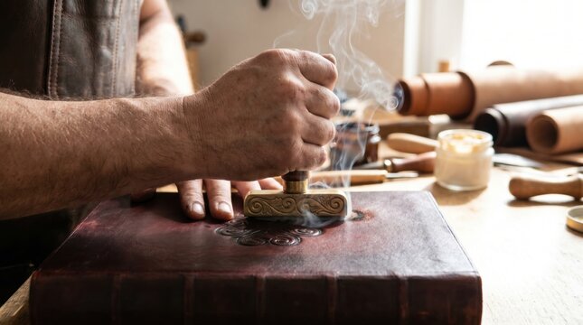 Bookbinder pressing a hot brass branding tool into a leather book cover to create an impression