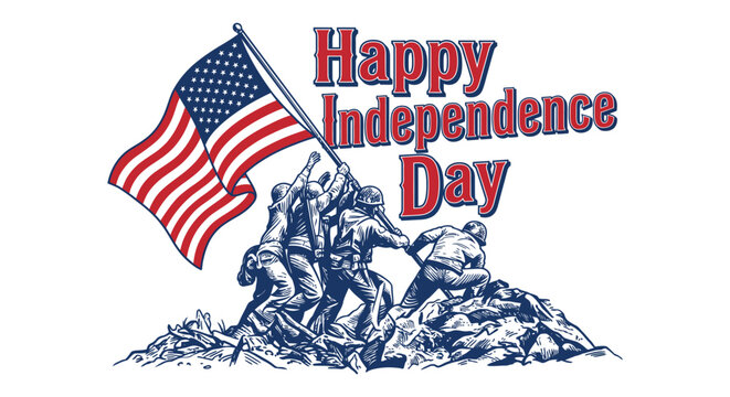 Independence day illustration featuring soldiers raising the american flag patriotic design