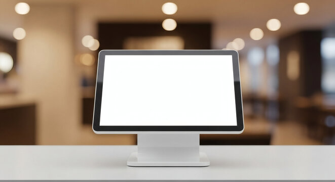 Digital point of sale terminal with blank white screen standing on a clean table in a blurred coffee shop interior