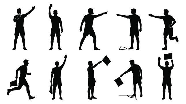 Set of black silhouettes showing professional sports referees signaling during a fast paced soccer match