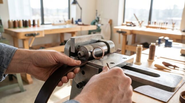 Leatherworker operating a manual hand crank skiving machine to thin a brown leather strap