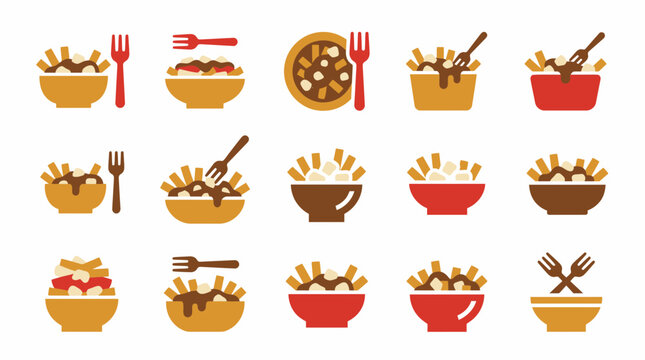 Variety of poutine and bowl food icons with forks for restaurant menus.
