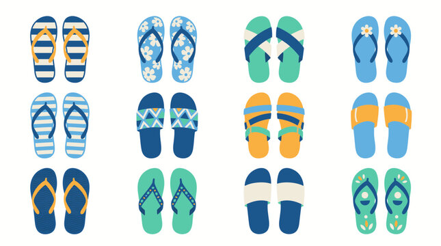 Various colorful flip flop sandals with different patterns for summer vacation.